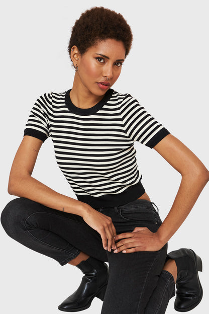 Polera Crop Rayas Negro/Beige