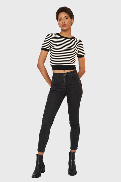 Polera Crop Rayas Negro/Beige
