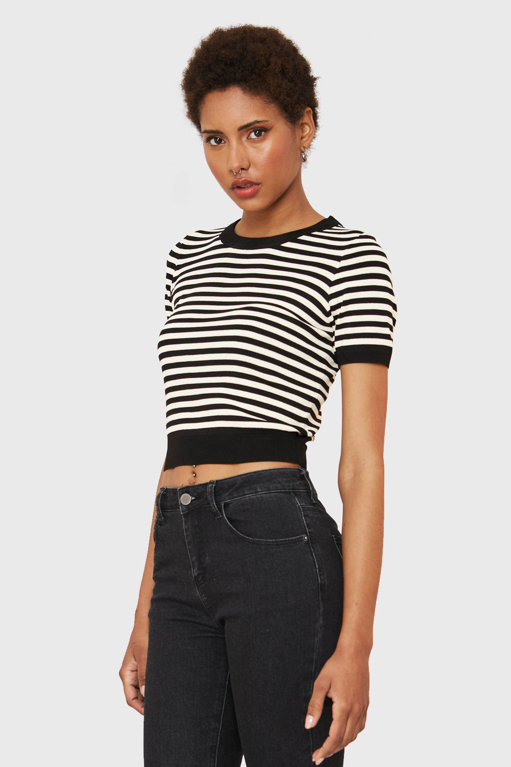 Polera Crop Rayas Negro/Beige