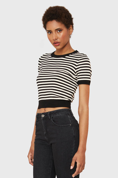 Polera Crop Rayas Negro/Beige