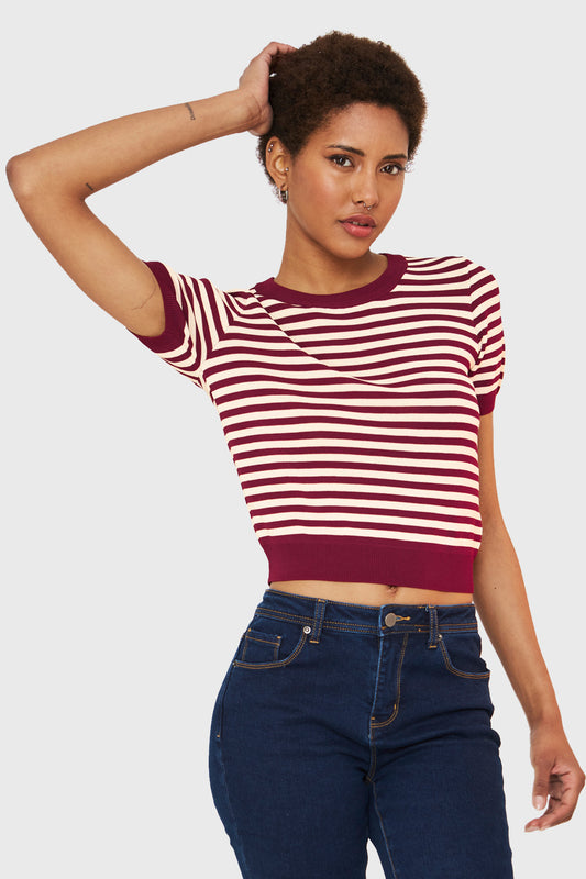 Polera Crop Rayas Burdeos/Beige