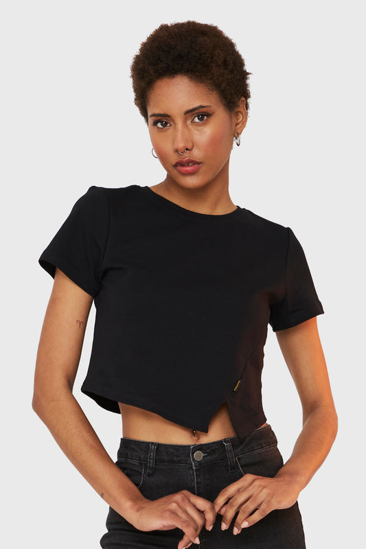 Polera Crop Etiqueta Fashion Negro