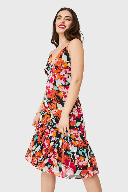 Vestido Flores Detalles Dorados Negro