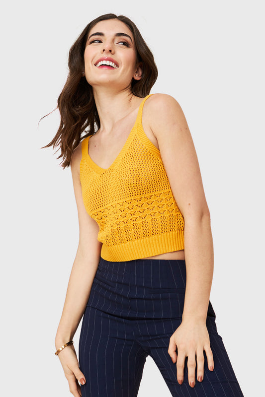Crop Top Tipo Tejido Mostaza
