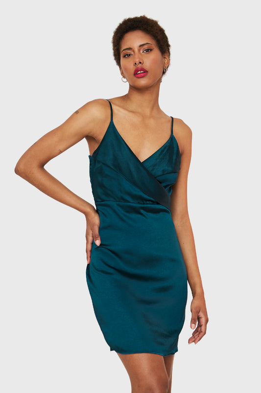 Vestido Corto Tipo Satín Verde Petróleo