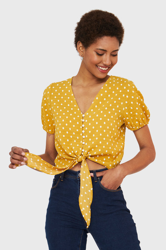Blusa Lunares Y Nudo Amarillo