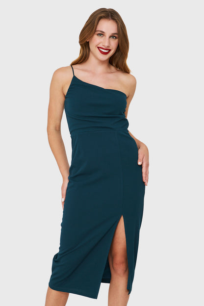Vestido Un Hombro y Tajo Verde Petróleo