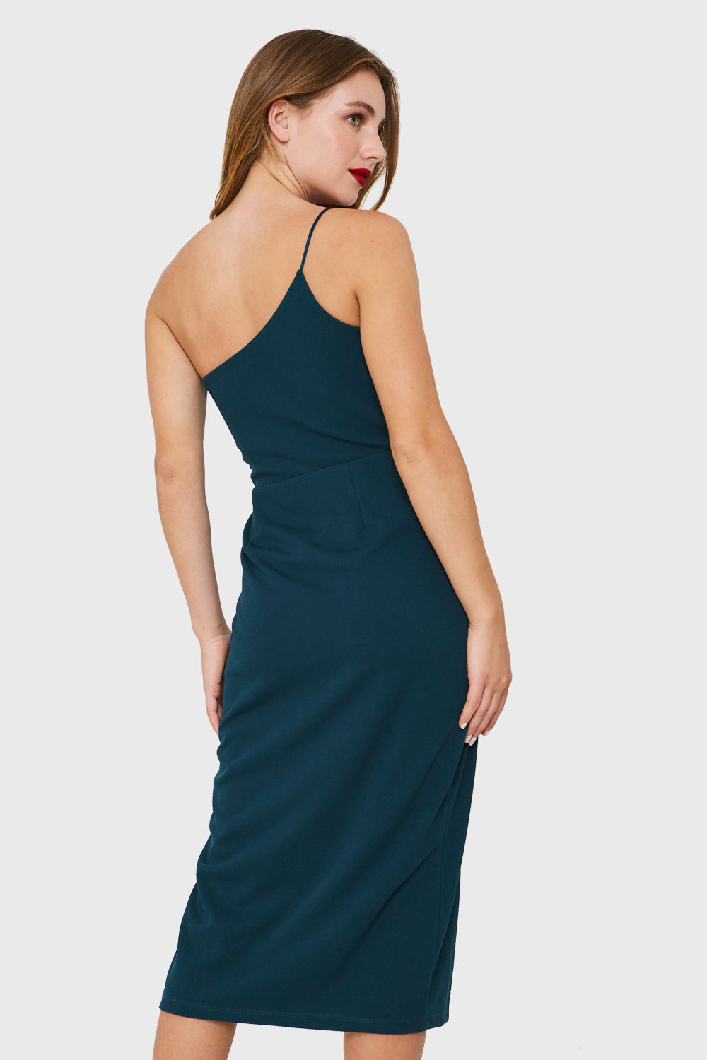 Vestido Un Hombro y Tajo Verde Petróleo