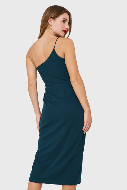 Vestido Un Hombro y Tajo Verde Petróleo