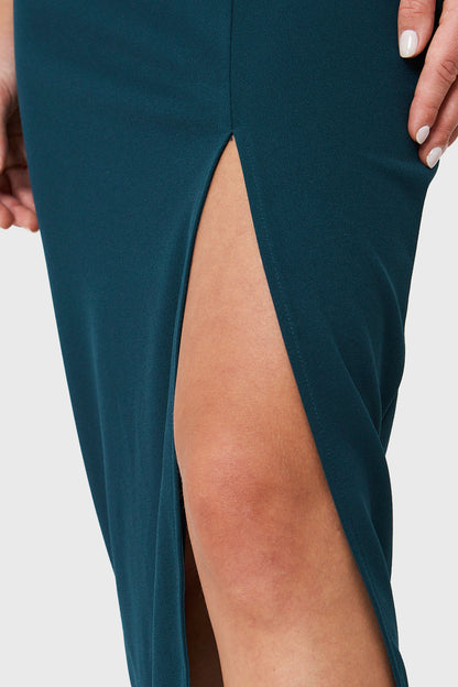 Vestido Un Hombro y Tajo Verde Petróleo