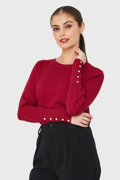 Sweater Punto Fino Detalles Perlas Rojo