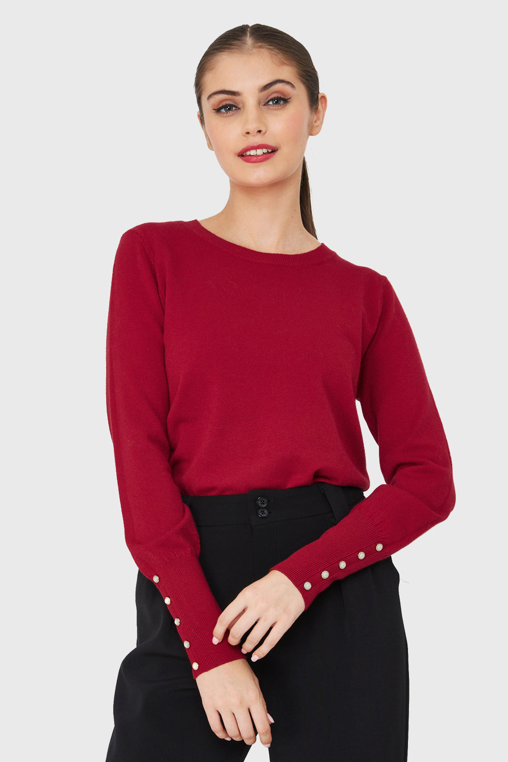Sweater Punto Fino Detalles Perlas Rojo