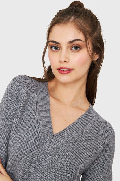 Sweater Vestido Cuello V Gris Oscuro
