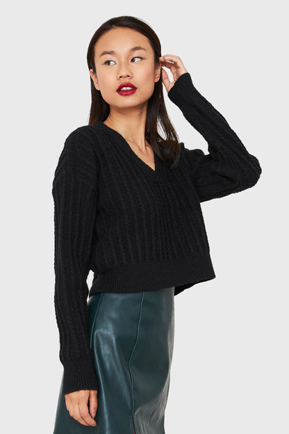 Sweater Crop Cuello V Negro