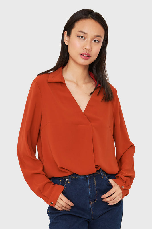 Blusa Cuello Camisero Escote V Terracota