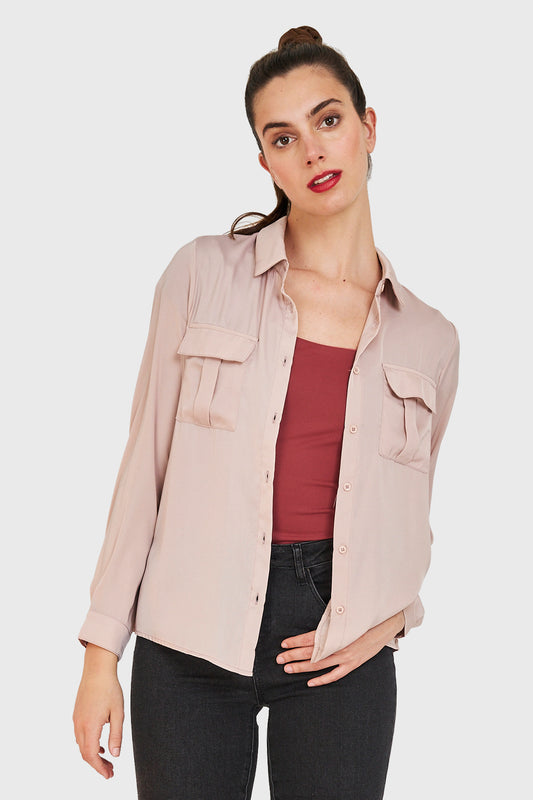 Blusa Bolsillos Tipo Satín Palo Rosa