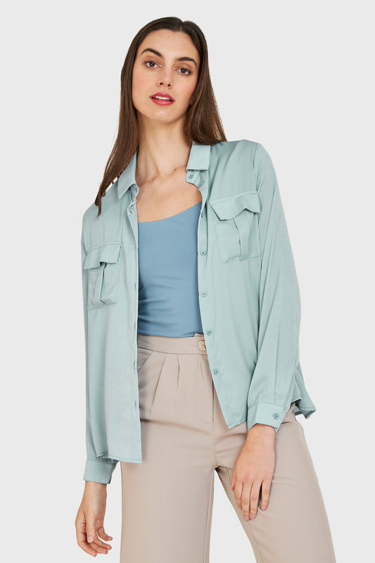 Blusa Bolsillos Tipo Satín Menta