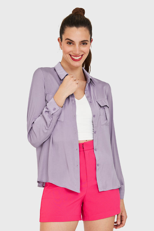 Blusa Bolsillos Tipo Satín Lila
