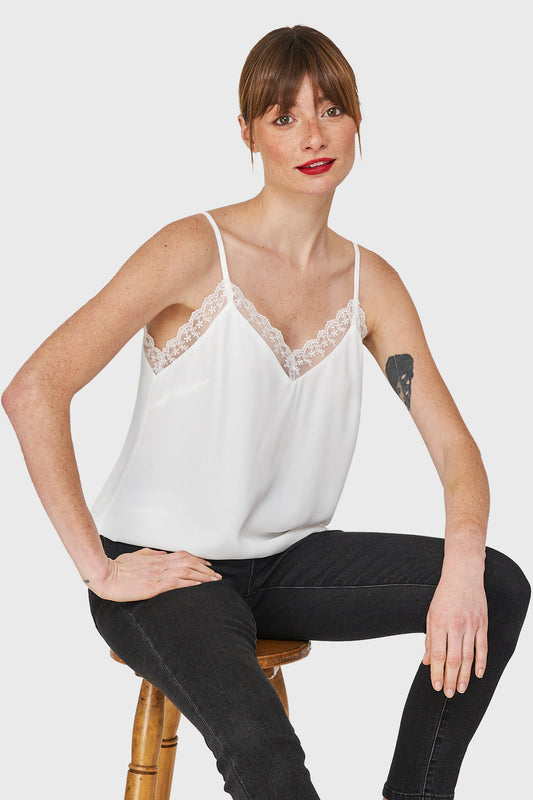 Blusa Escote V Encaje Blanco