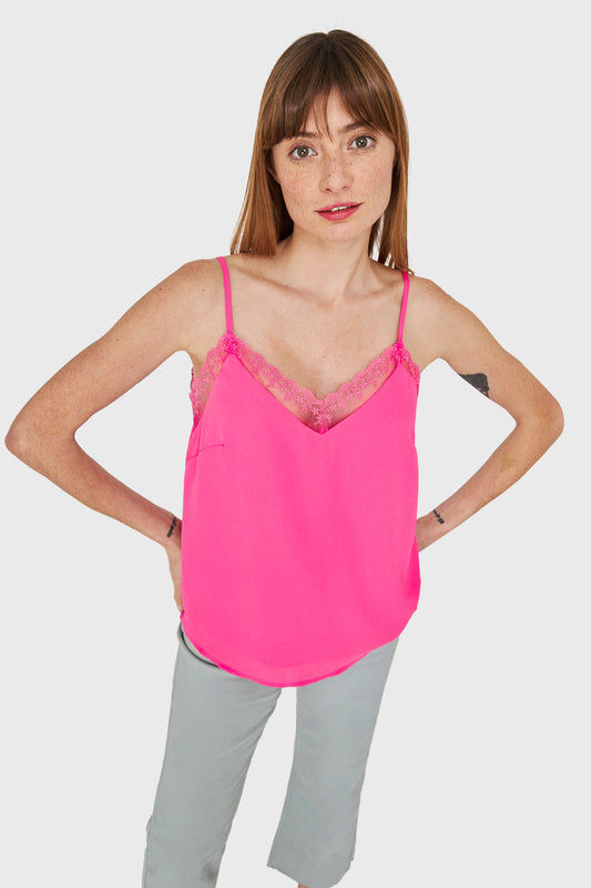 Blusa Escote V Encaje Fucsia