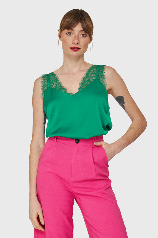 Blusa Satín Encaje Tirante Ancho Verde
