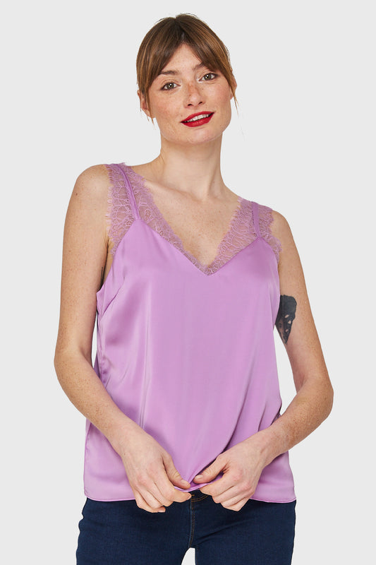 Blusa Satín Encaje Tirante Ancho Lila