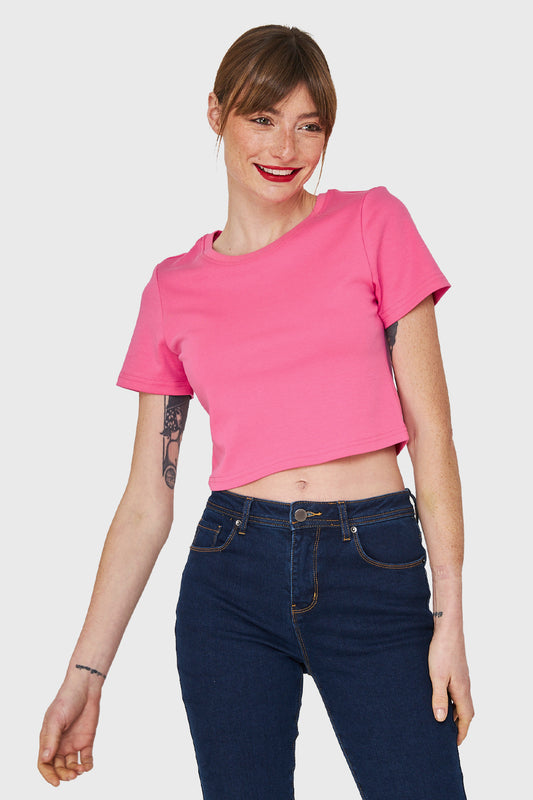 Polera Crop Básica Manga Corta Fucsia