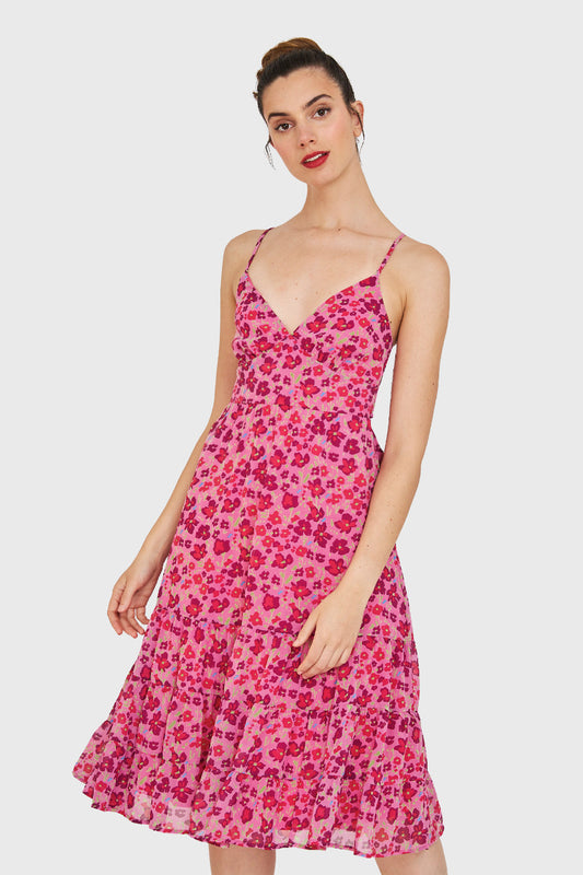 Vestido Flores Lazo Espalda Fucsia