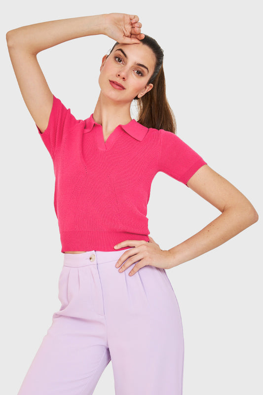 Polera Cuello Camisero Fucsia