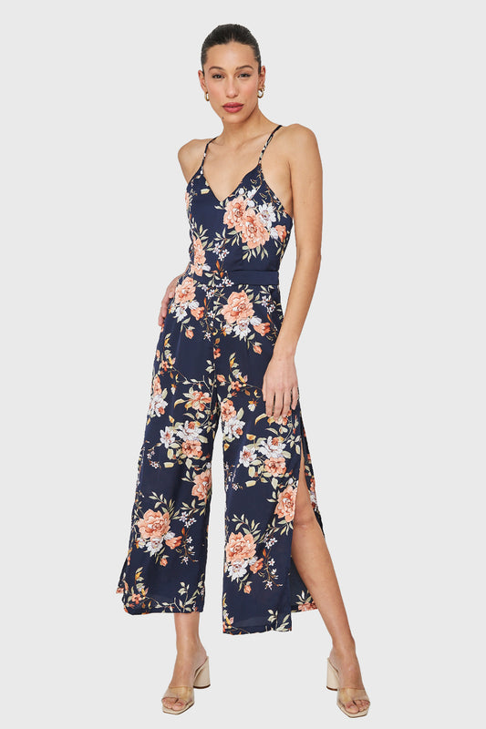 Enterito Tajo Print Floral Azul Marino