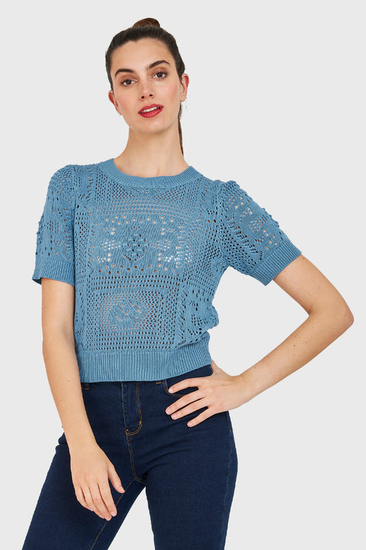 Polera Calada Tipo Tejida Celeste