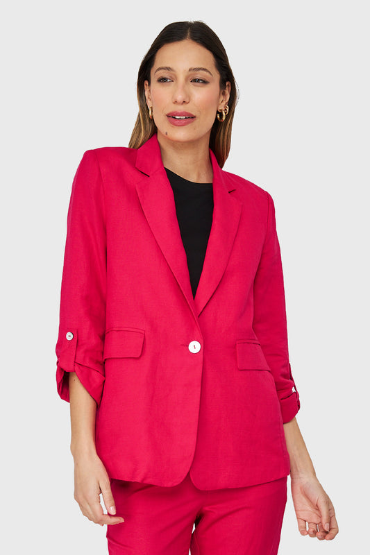 Blazer Tipo Lino Manga 3/4 Ajustable Fucsia