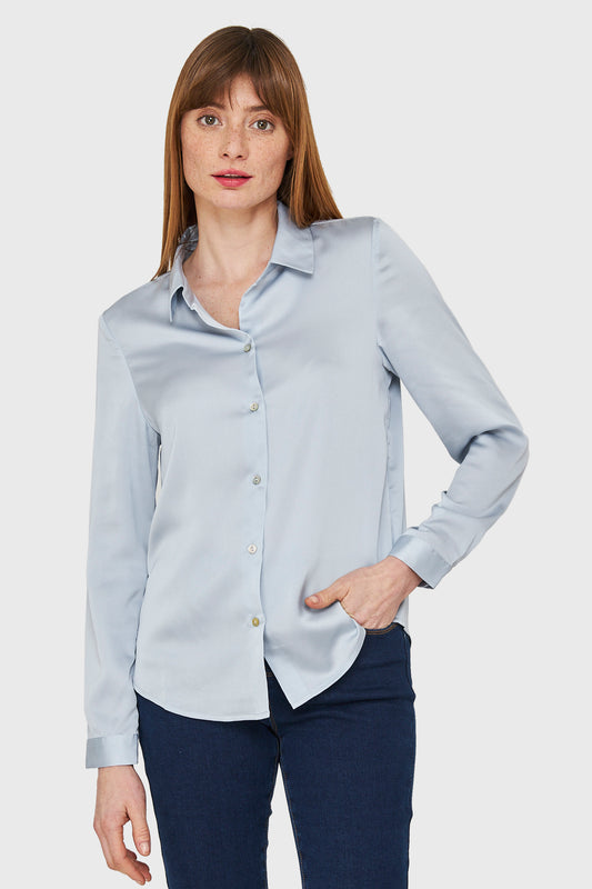 Blusa Camisera Tipo Satín Celeste