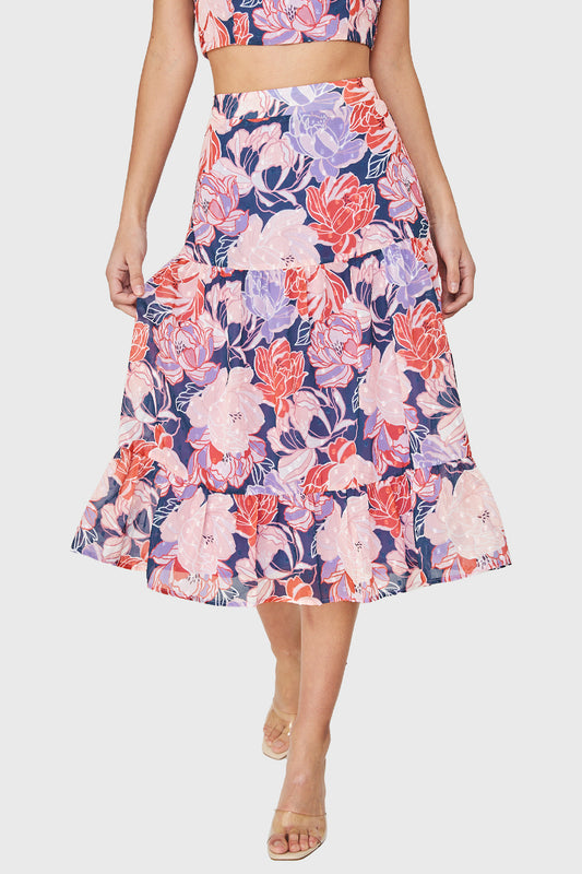 Falda Larga Volantes Floral Rosado