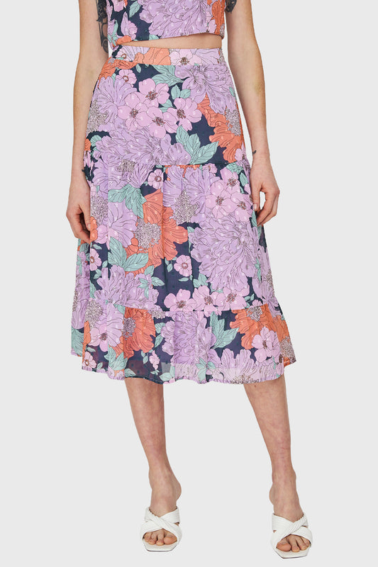 Falda Larga Volantes Floral Lila