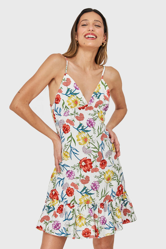 Vestido Escote V Flores Blanco