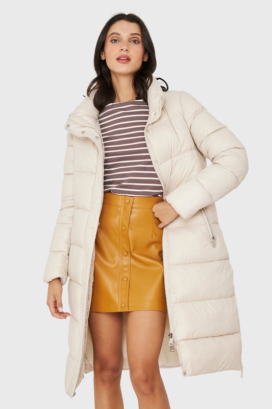 Parka Larga Acolchada Cuello Alto Blanco Invierno