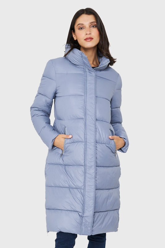 Parka Larga Acolchada Cuello Alto Celeste