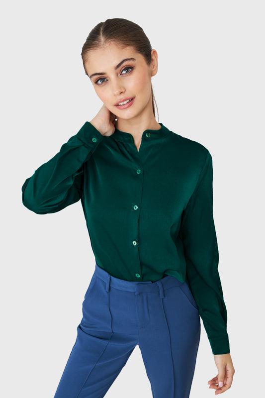 Blusa Cuello Mao Tipo Satín Verde Oscuro