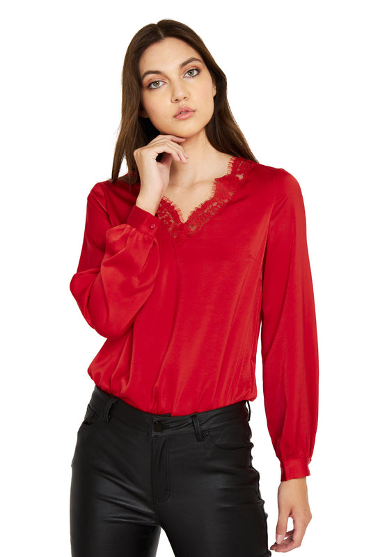 Body Escote V Encaje Rojo