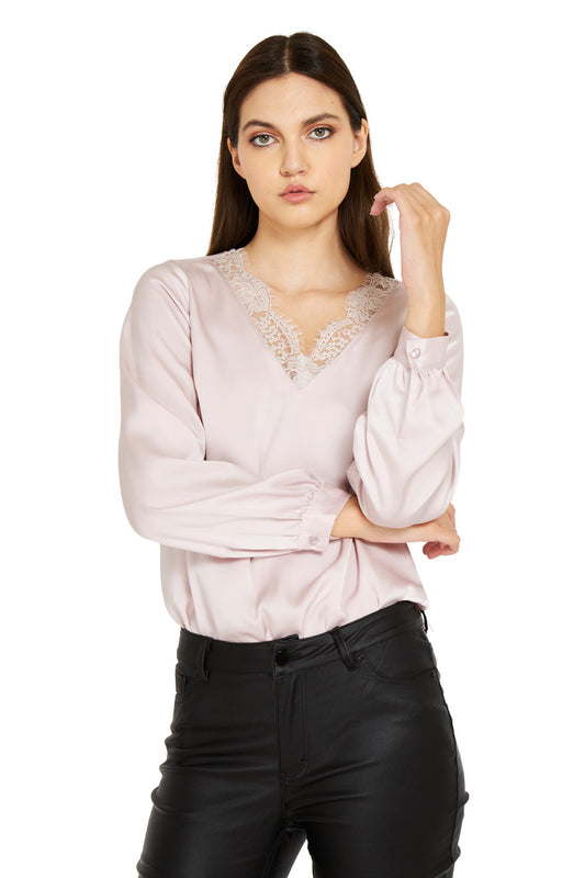 Body Escote V Encaje Rosado
