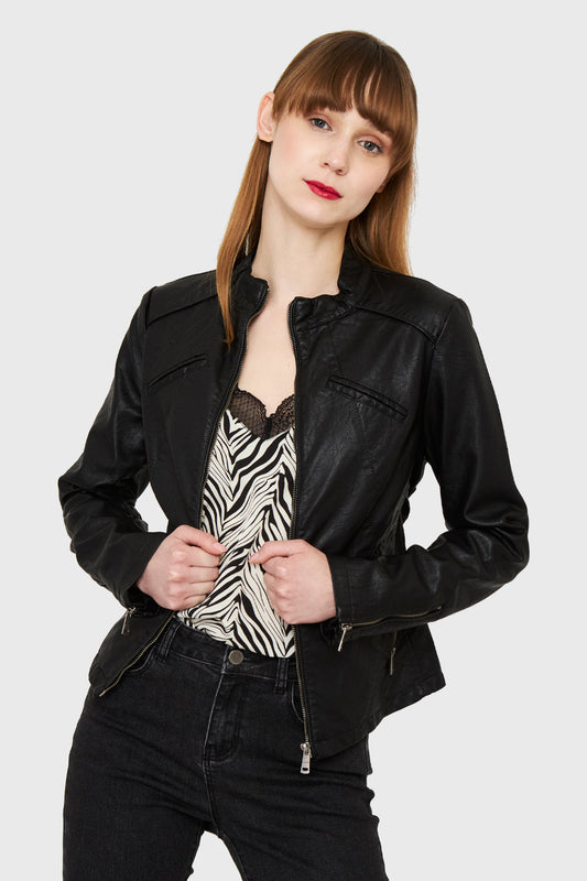 Chaqueta Ecocuero Cuello Mao Negro