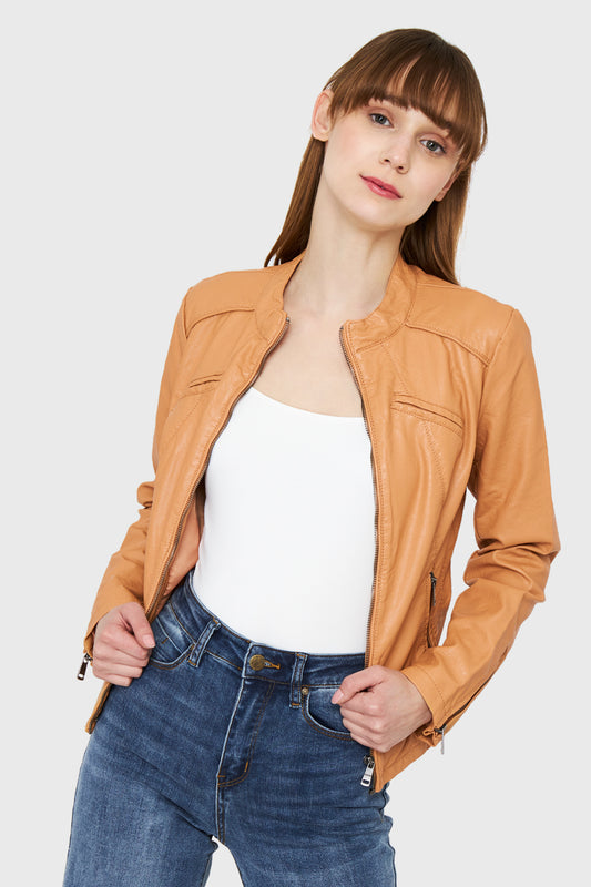 Chaqueta Ecocuero Cuello Mao Khaki