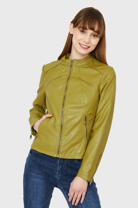 Chaqueta Ecocuero Cuello Mao Oliva