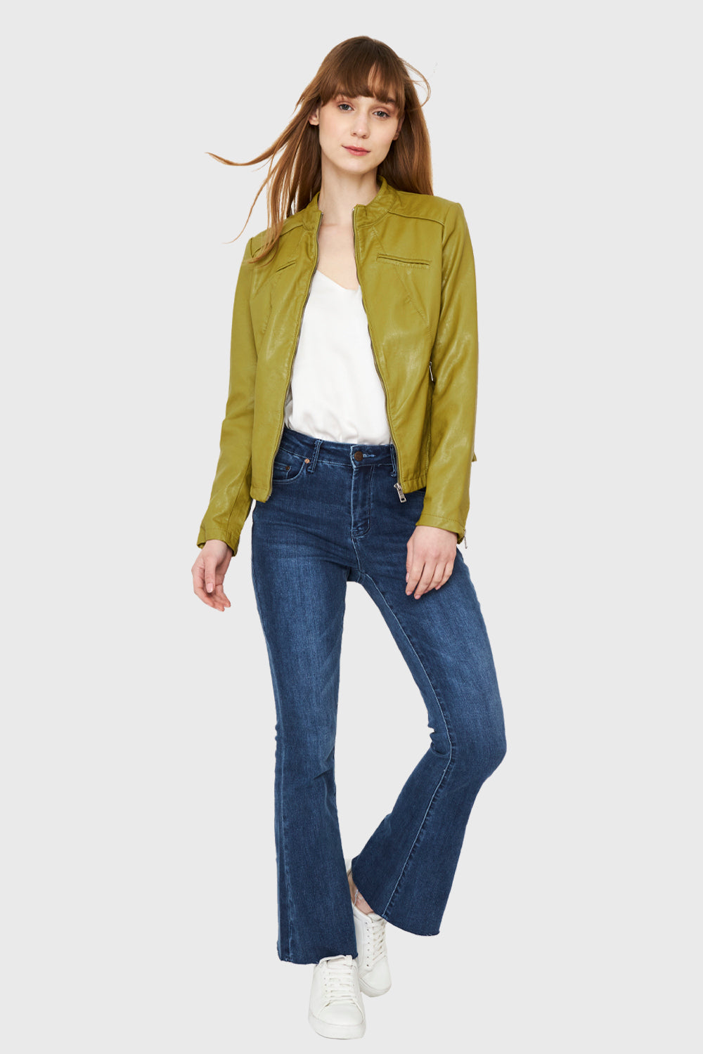 Chaqueta Ecocuero Cuello Mao Oliva