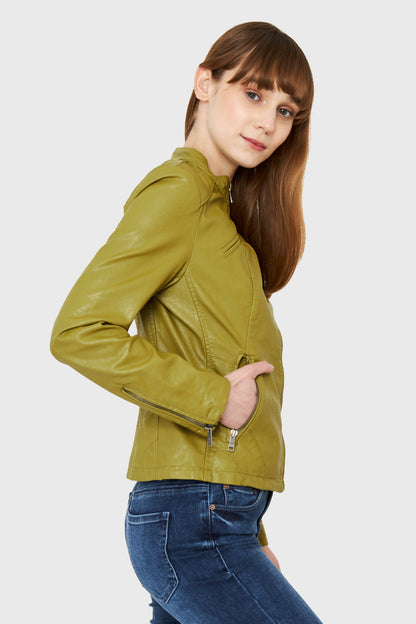 Chaqueta Ecocuero Cuello Mao Oliva