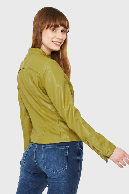 Chaqueta Ecocuero Cuello Mao Oliva