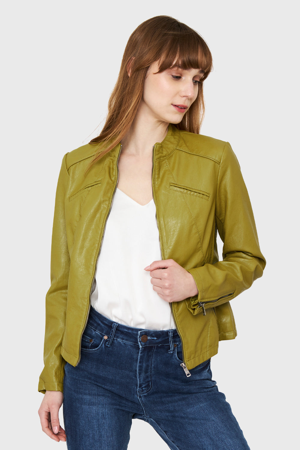 Chaqueta Ecocuero Cuello Mao Oliva