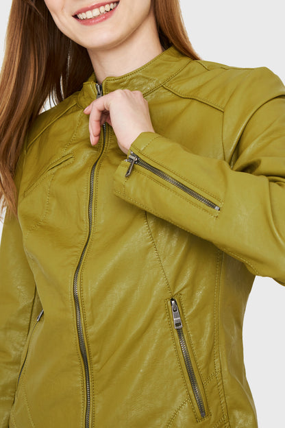 Chaqueta Ecocuero Cuello Mao Oliva