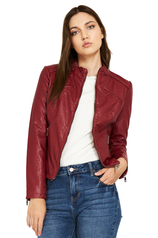 Chaqueta Ecocuero Cuello Mao Burdeo